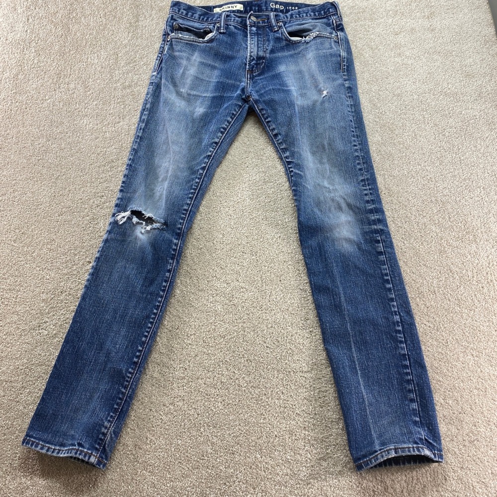 Gap 1969 Jeans Mens Size 31x32 Skinny Fit Blue Wash Distressed‎